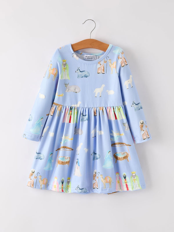 preorder-winter-christmas-nativity-print-girls-long-sleeve-dress Sophia's StyleDress-1